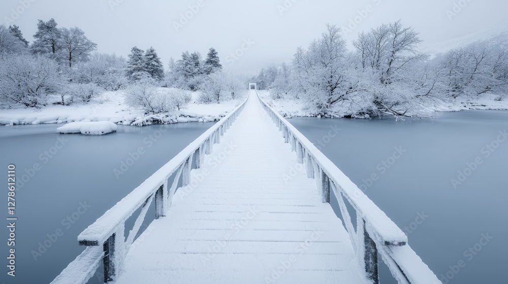 Obraz premium Snowy bridge over calm water, winter landscape, serenity