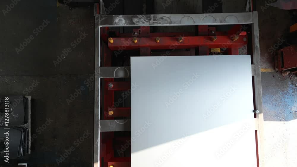 A red and white machine with a white board on it. The machine is in a workshop. The workshop is messy and has a lot of tools and equipment