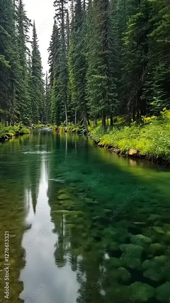 A serene river flows through a lush forest, showcasing nature's tranquility and beauty. A serene river flows through a lush forest, showcasing nature's tranquility and beauty.