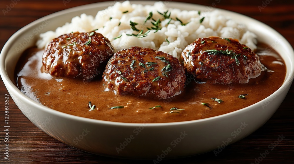 Meatballs, gravy, rice, bowl, wooden table, home-cooked meal, food photography Meatballs, gravy, rice, bowl, wooden table, home-cooked meal, food photography