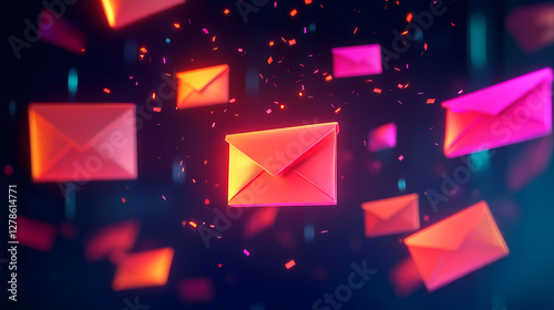 Email Icons Floating on Dark Blue Background with Sparks