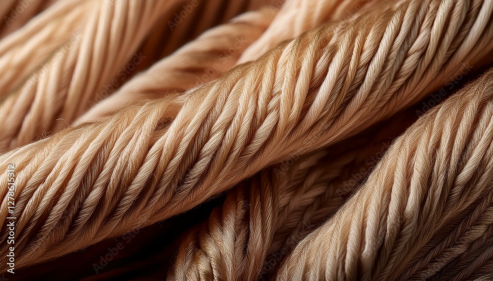 Fototapeta premium Macro shot of woven fabric fibers, highlighting the intricate texture of silk, cotton, or wool. Each thread is visible, showing the natural weave and softness of the material in stunning detail.