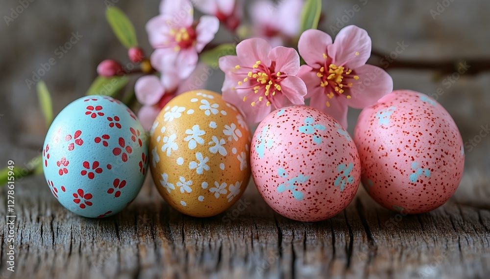 Obraz premium Easter eggs, flowers, wood, spring