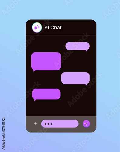 Ai chat window. UI design. Speech bubbles and a text field with icons, vector illustration. Flat cartoon style. 