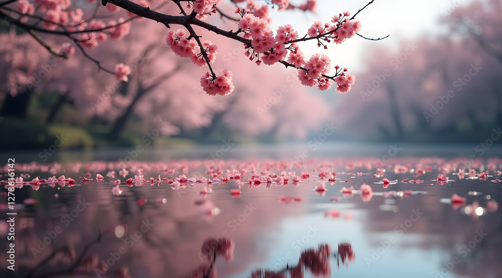 Blossoming cherry trees in soft pink hues surround a serene lake, with petals gently floating on the water's surface, creating a tranquil and picturesque scene Blossoming cherry trees in soft pink hues surround a serene lake, with petals gently floating on the water's surface, creating a tranquil and picturesque scene