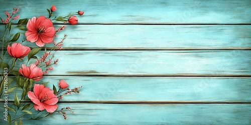 Floral Design on Light Teal Wood photo