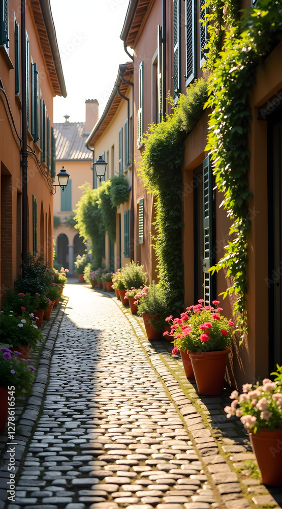 Fototapeta premium A charming cobblestone alleyway is adorned with vibrant flower pots, flanked by picturesque buildings basking in warm sunlight creating a serene atmosphere