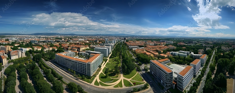Obraz premium The architectural beauty of Lyon Business District, with sleek glass buildings towering above green parks and wide streets bustling with city life
