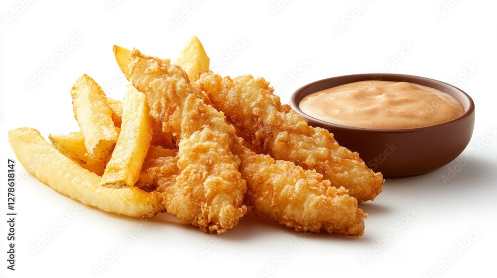 A close-up of a few with a dipping sauce on a white background, capturing the contrast between the golden fries and the creamy sauce. A close-up of a few with a dipping sauce on a white background, capturing the contrast between the golden fries and the creamy sauce.