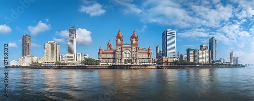 A wide shot of the Mumbai financial district, with the Mumbai Stock Exchange in the center, and modern high-rises filling the skyline