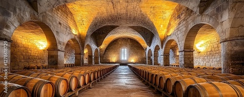 A wine cellar in the Bordeaux Wine Region, with wooden barrels stacked neatly in rows and ambient light filtering through the old stone walls photo