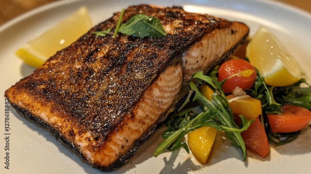 A close-up of a perfectly grilled salmon fillet with crispy skin, served with a side of fresh vegetables and lemon wedges on a white plate. A close-up of a perfectly grilled salmon fillet with crispy skin, served with a side of fresh vegetables and lemon wedges on a white plate.