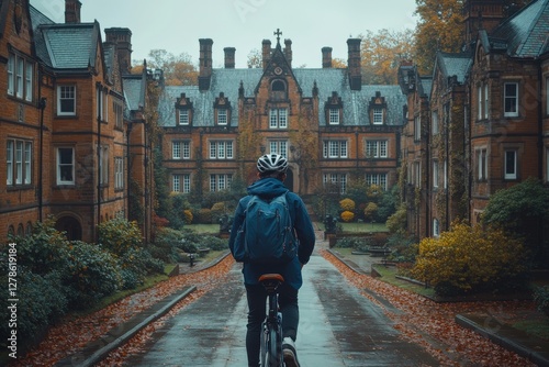 A student cyclist rides through a picturesque college campus on a rainy autumn day, the historic buildings casting a moody atmosphere.