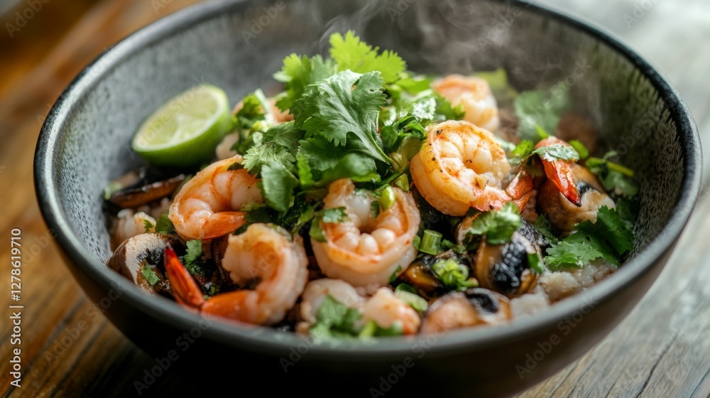 A close-up of a steaming bowl of with vibrant shrimp, mushrooms, and herbs, garnished with cilantro and lime, set on a rustic wooden table. A close-up of a steaming bowl of with vibrant shrimp, mushrooms, and herbs, garnished with cilantro and lime, set on a rustic wooden table.