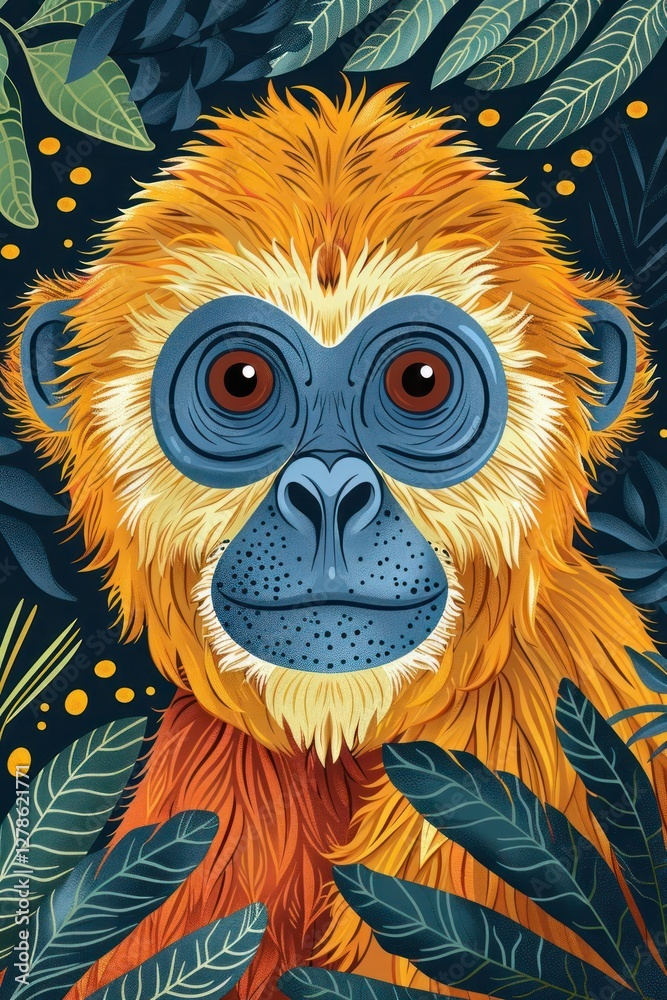 Fototapeta premium A vibrant illustration of a monkey's face surrounded by tropical leaves.