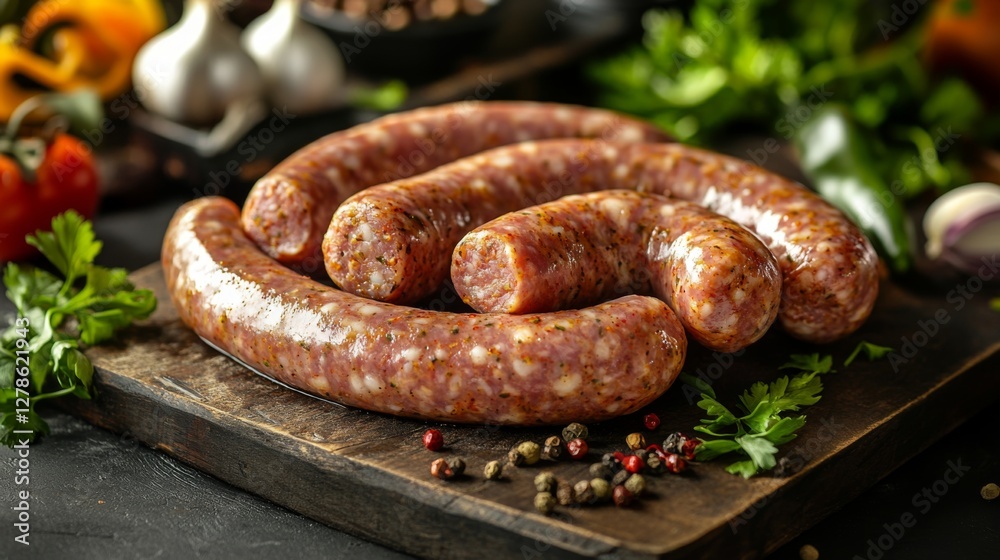 Fototapeta premium A detailed image of raw sausages on a butchers block, with visible seasoning and spices, ready to be cooked, surrounded by fresh ingredients.