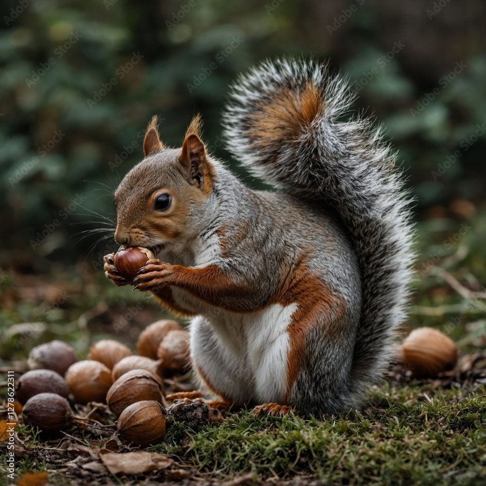 Obraz premium A squirrel eating an acorn, bushy tail, high detail, transparent background.