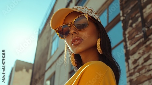 Fashionable woman in sunglasses and a cap, posing in an urban setting. Ideal for fashion campaigns, editorial, and branding.