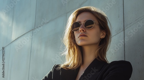 Obraz na płótnie Strong woman in a black blazer and sunglasses against a sleek concrete wall. Ideal for business, leadership, and branding. w salonie