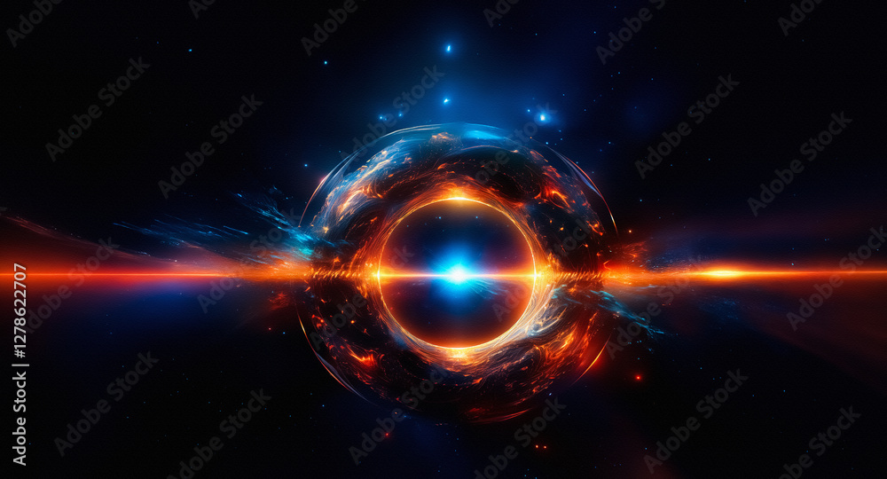 Obraz premium Ethereal cosmic sphere emitting vibrant light. Swirling hues of orange and blue energy surround a central glowing orb against a dark star-filled backdrop.
