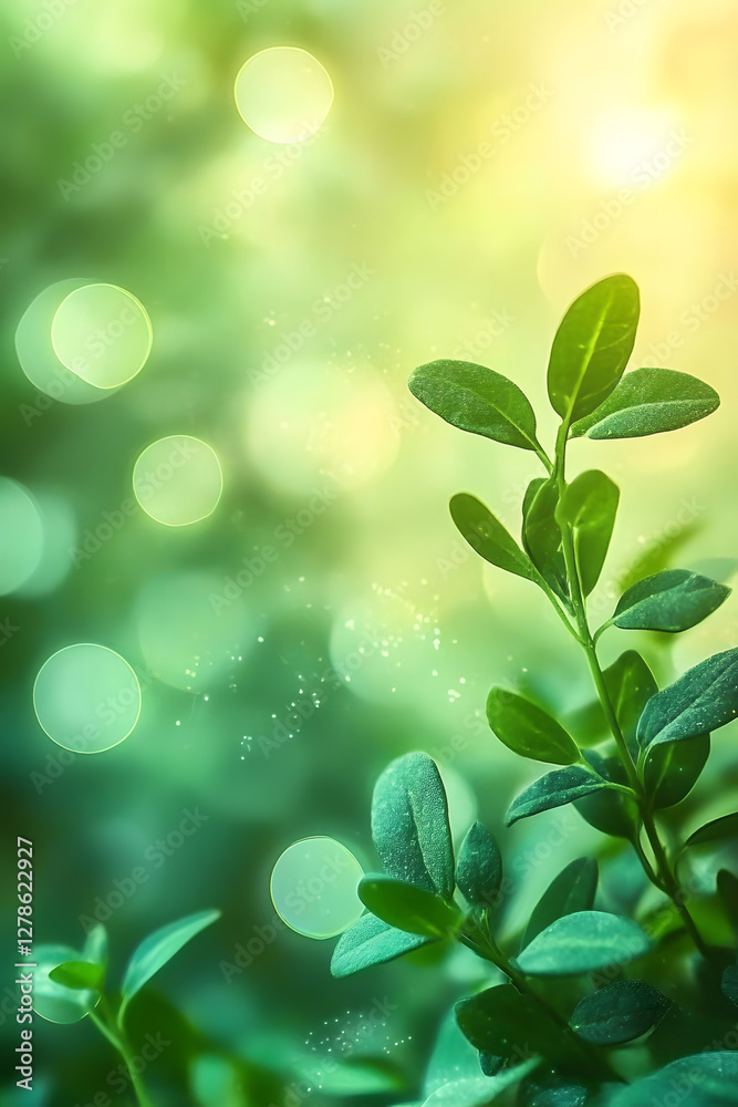 Naklejka premium A gentle abstract background featuring fresh green herbs with soft light and subtle bokeh effects, creating a serene atmosphere