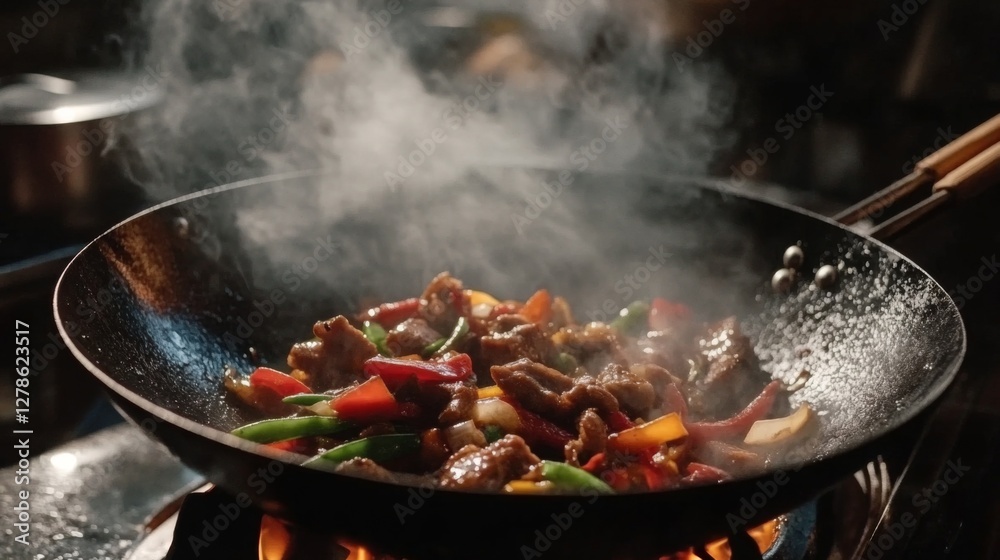 A dynamic shot of a sizzling pork stir-fry in a wok, with colorful bell peppers, onions, and snap peas, being tossed and cooked over high heat. A dynamic shot of a sizzling pork stir-fry in a wok, with colorful bell peppers, onions, and snap peas, being tossed and cooked over high heat.