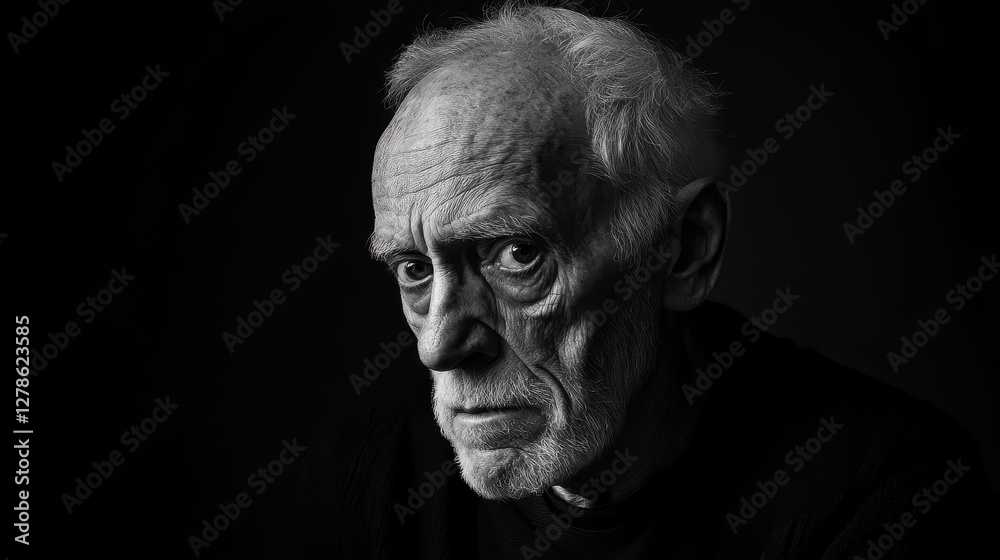 Fototapeta premium Portrait of an elderly man displaying wisdom and experience in a dark setting with soft lighting