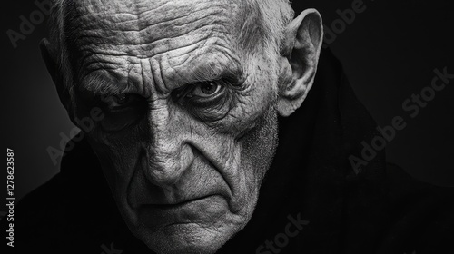Portrait of an elderly man displaying wisdom and experience in a dark setting with soft lighting