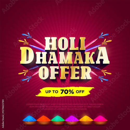 Holi dhamaka offer 3d text Holi festival shopping promotional sales offer deal concept with colorful splash background. Holi festive sale background and logo. Holi sale 3d text business.