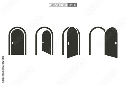 Door icons set. Open, close and ajar door. Doors collection. vector template stock