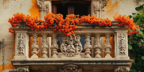 Balcony with orange flowers and statues photo