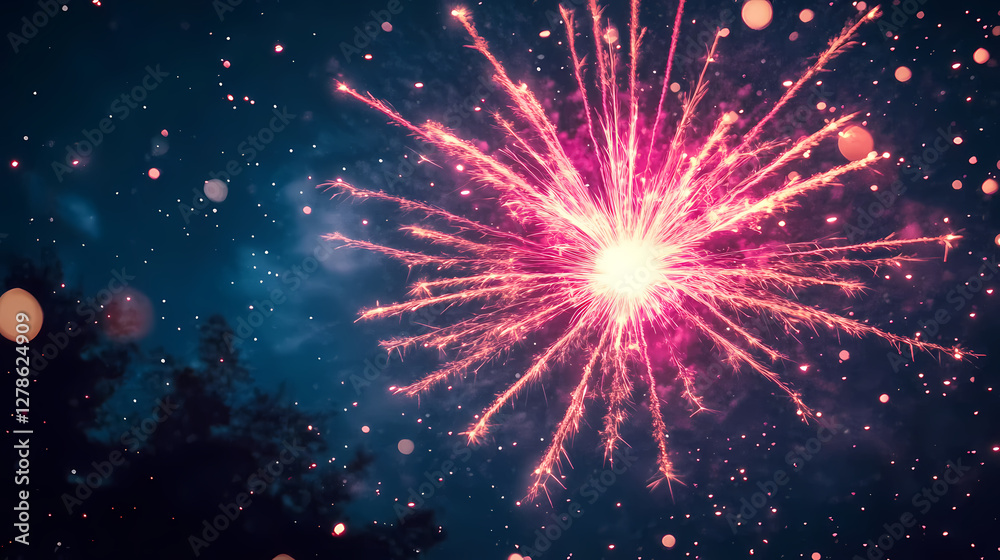 Fototapeta premium Fireworks in the Night Sky: A Festive Display of Pink and Red Sparks