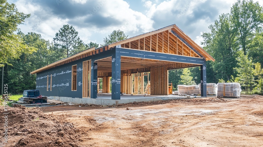 A community center under construction with multipurpose rooms, outdoor spaces, and eco-friendly features A community center under construction with multipurpose rooms, outdoor spaces, and eco-friendly features