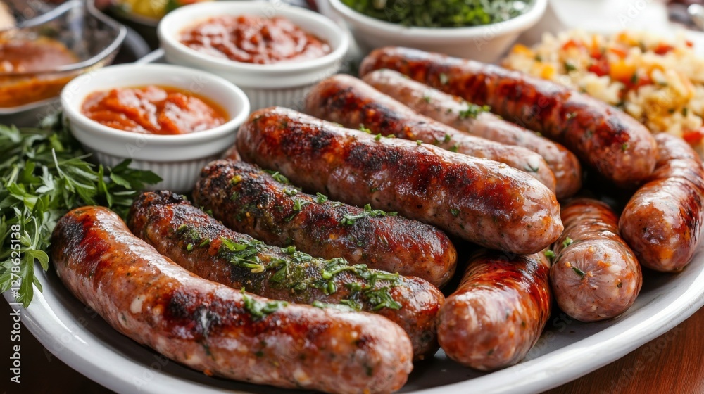 A high-quality image of sausages arranged on a serving platter, with close-up details showing their plumpness, and accompanied by dipping sauces and sides. A high-quality image of sausages arranged on a serving platter, with close-up details showing their plumpness, and accompanied by dipping sauces and sides.
