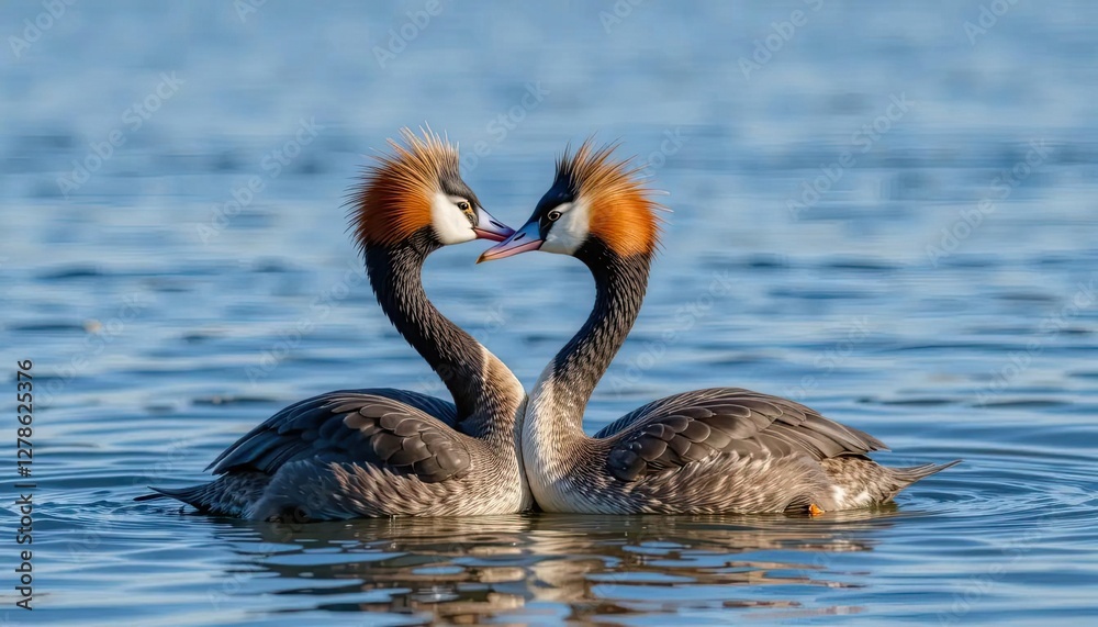 Two Great Crested Grebes in a Loving Embrace, Displaying Affection and Connection on Calm Waters
Two Great Crested Grebes in a Loving Embrace, Displaying Affection and Connection on Calm Waters