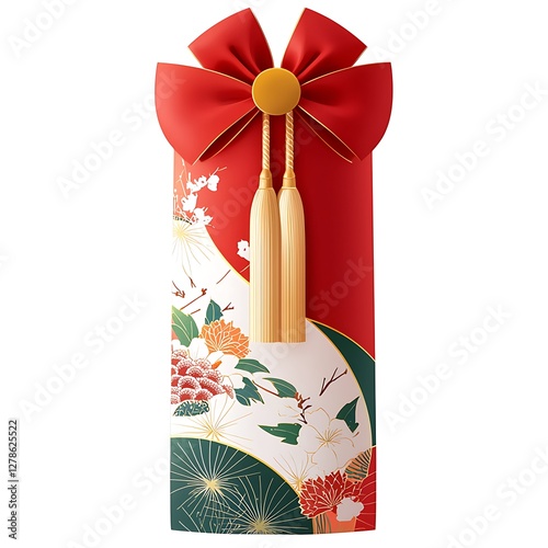 Elegant Japanese-Style Gift Package with Red Bow and Floral Design.