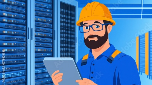 Bearded Technician Using Tablet in Blue Server Room