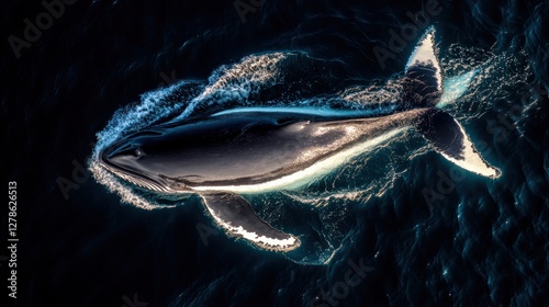 Whale diving, ocean, dark water, aerial view, wildlife documentary