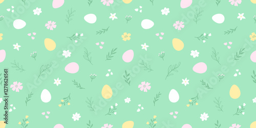Seamless pattern of Easter colorful bright decorated eggs, leaves and flowers. Cute background for spring holiday. Vector illustration