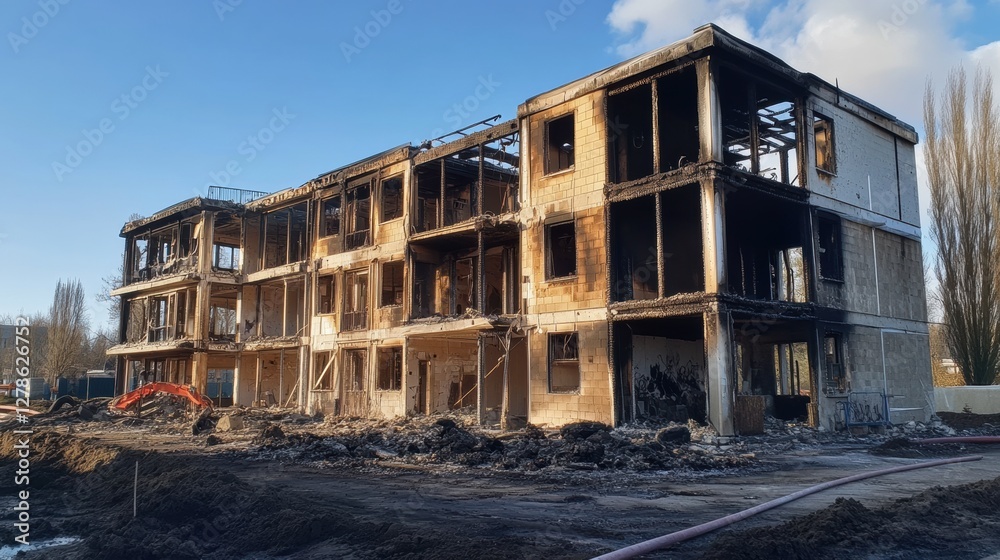 A fire-damaged building being reconstructed with enhanced safety measures and a refreshed design A fire-damaged building being reconstructed with enhanced safety measures and a refreshed design