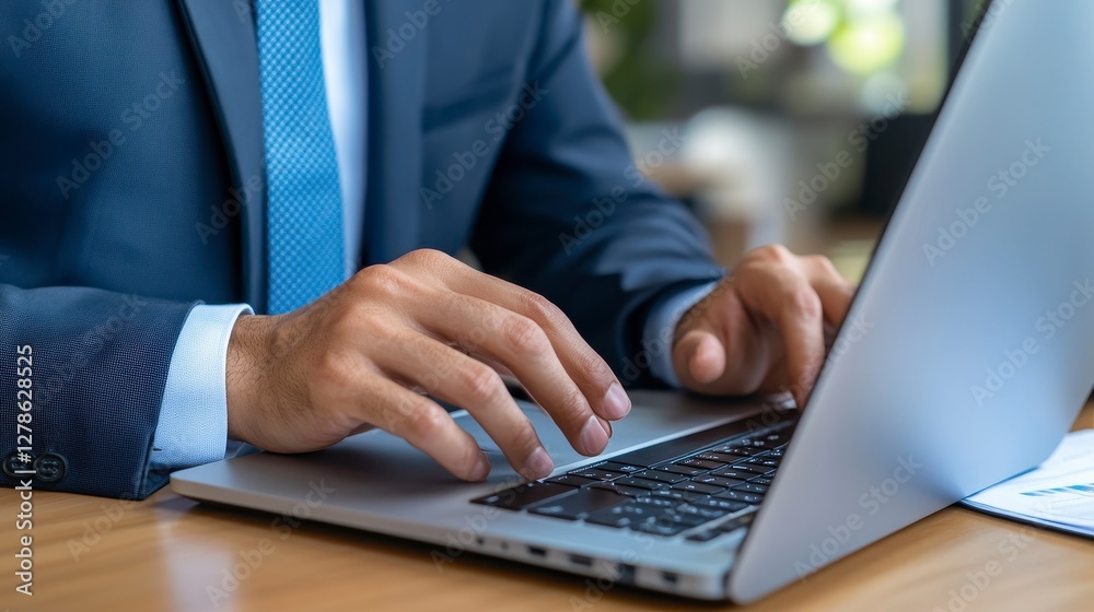 Close up of Man's Hands Typing on Silver Laptop in Office Setting Close up of Man's Hands Typing on Silver Laptop in Office Setting