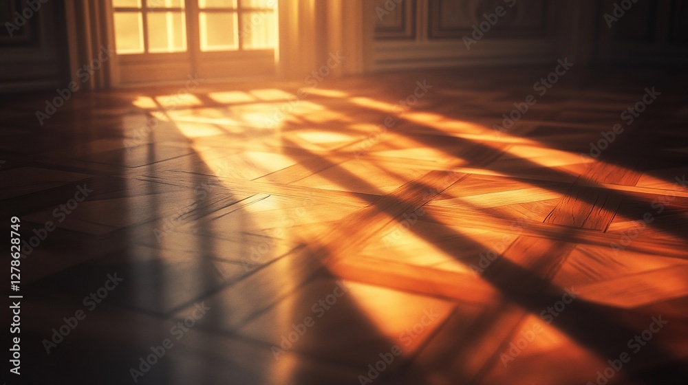 Fototapeta premium Sunlight streams through window onto hardwood floor.