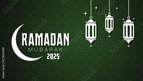 Ramadan Mubarak 2025 Vector Illustration with Crescent Moon and Islamic Lanterns