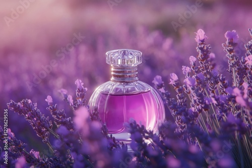 Perfume Bottle on Purple Flowers