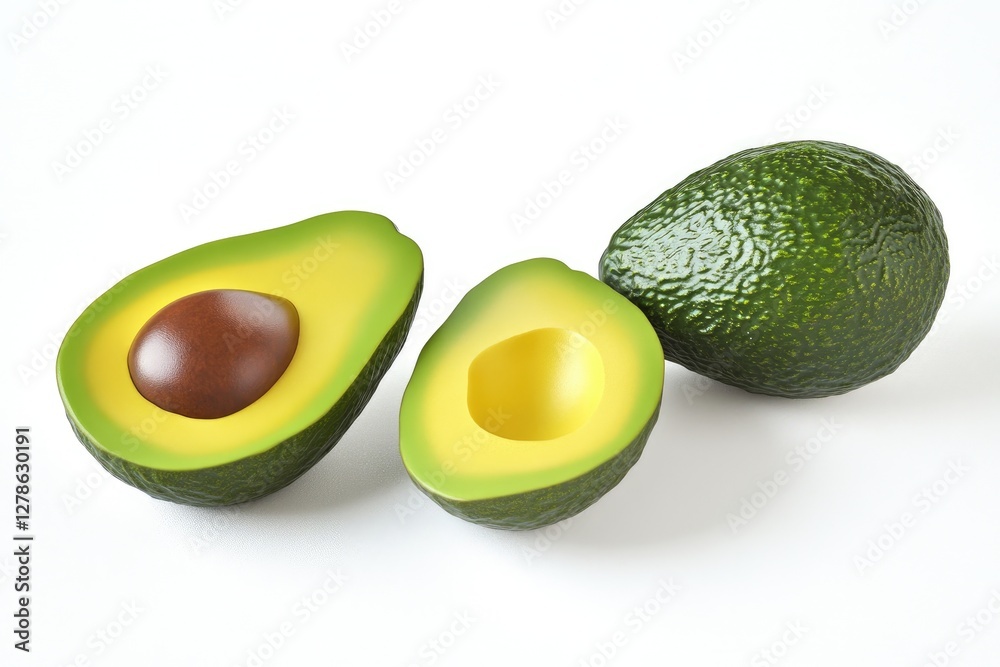 Halved and Whole Avocados on White Background Halved and Whole Avocados on White Background