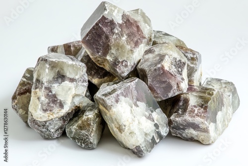 Stack of lavender and gray lepidolite mineral specimens gleam slightly