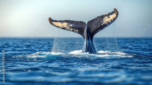 Whale's tail diving, ocean, calm background, wildlife photo