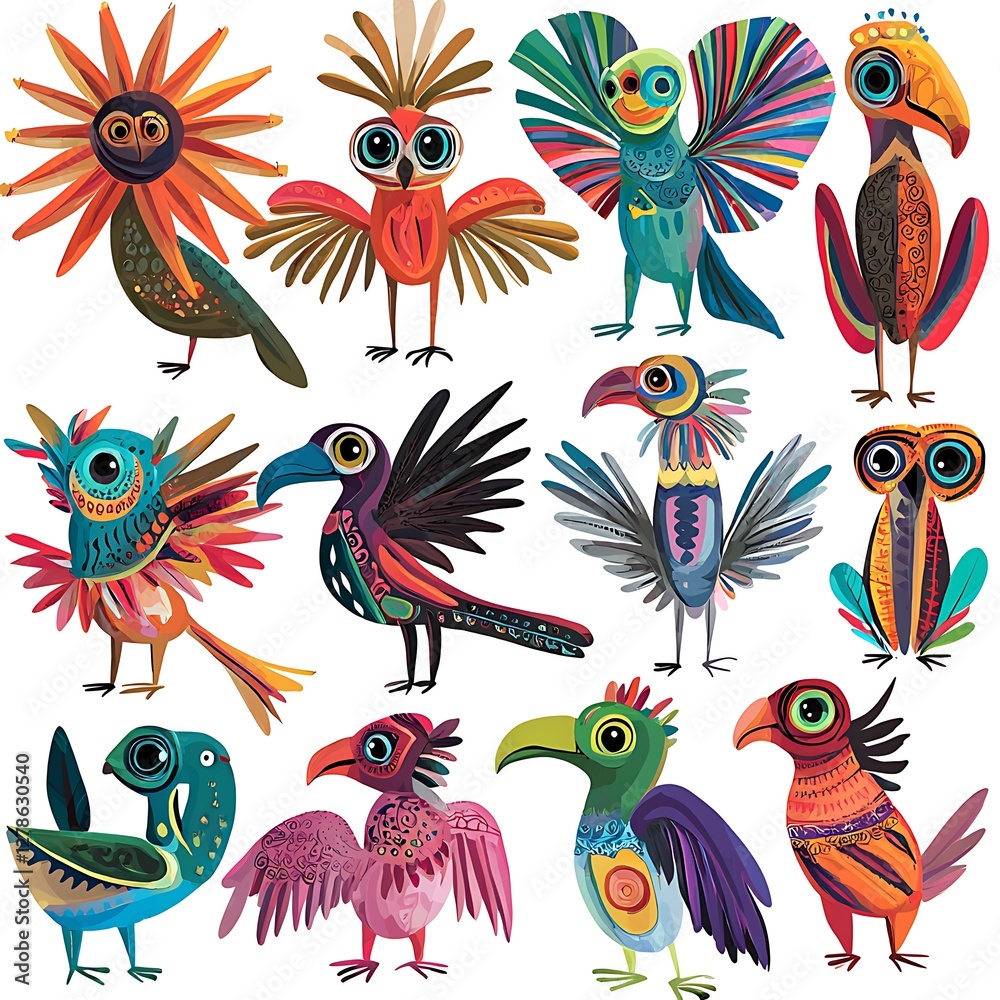 Collection of Twelve Vibrant and Whimsical Illustrated Birds. Collection of Twelve Vibrant and Whimsical Illustrated Birds.
