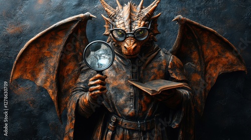 A scholarly dragon examines an ancient tome with a magnifying glass, showcasing its intellectual curiosity.