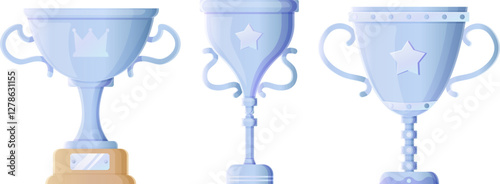 Collection of silver and blue trophies with unique star and crown details.